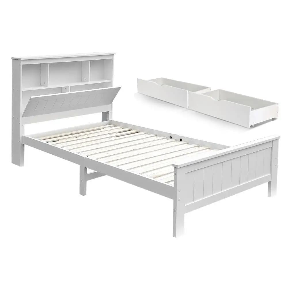 King Single Wooden Bed Frame with 2 Storage Drawers White Space Saving Bedroom Platform Bed Base