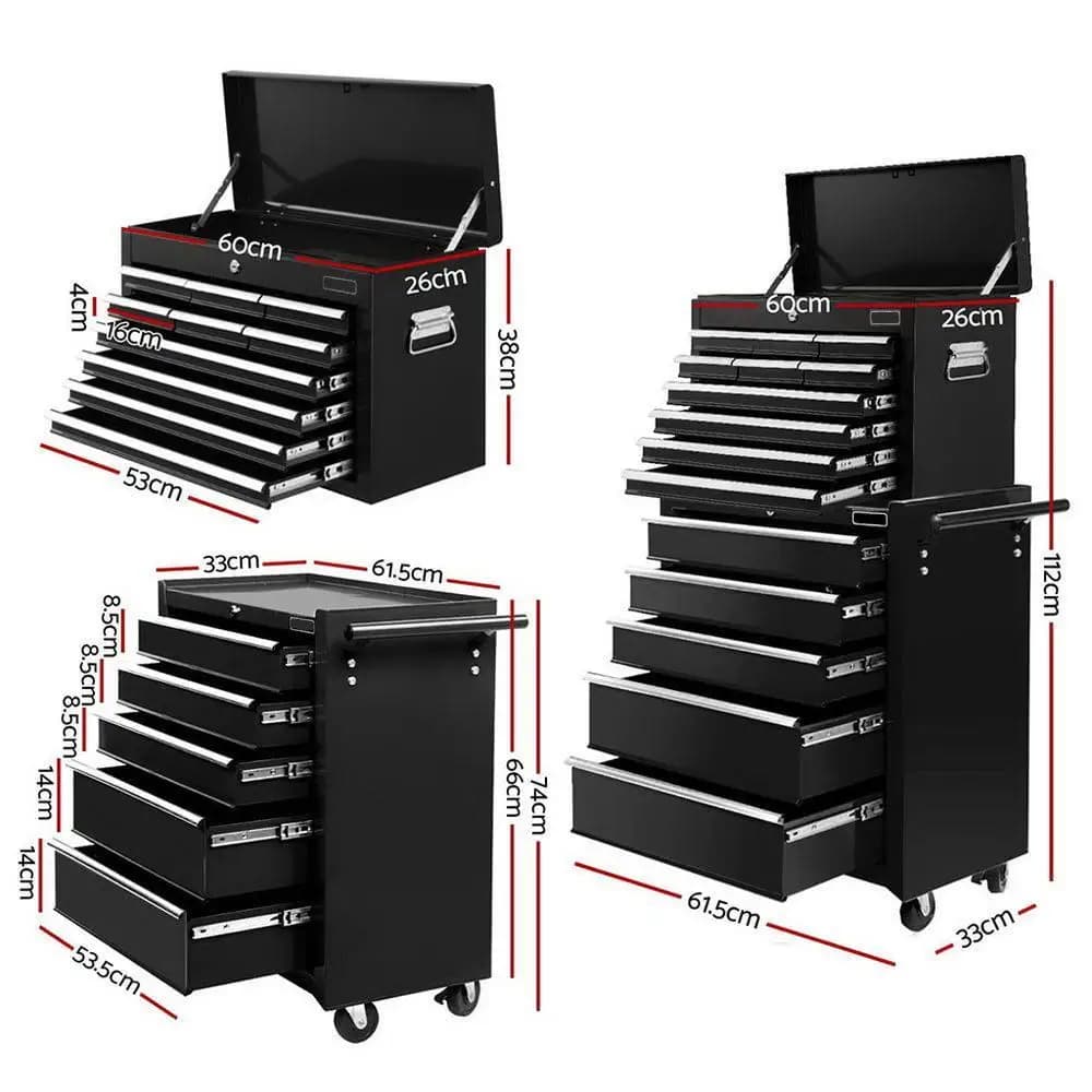15 Drawer Rolling Tool Chest Trolley Toolbox 2 in 1 Black Steel Storage Cabinet With Lockable Wheels