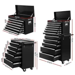 15 Drawer Rolling Tool Chest Trolley Toolbox 2 in 1 Black Steel Storage Cabinet With Lockable Wheels