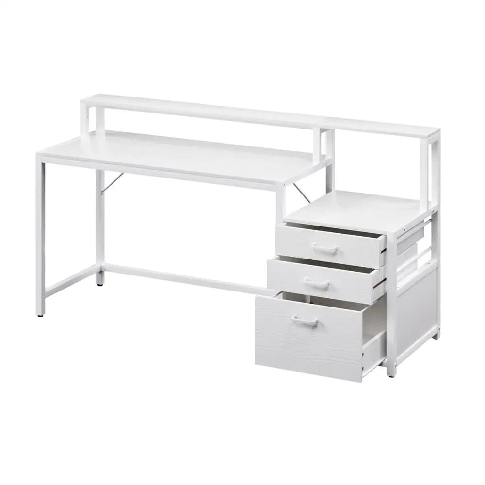 Modern White Computer Desk with Drawers and Open Shelf 160CM Home Office Study Table