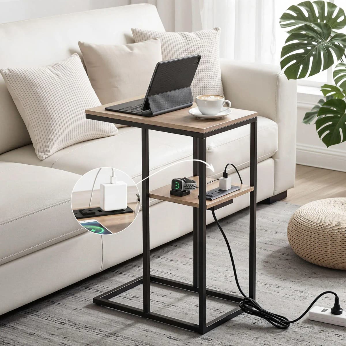 C Shaped 2 Tier End Table with Charging Station Side Coffee Table Bedside Wooden Storage Table