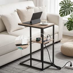 C Shaped 2 Tier End Table with Charging Station Side Coffee Table Bedside Wooden Storage Table