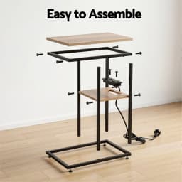 C Shaped 2 Tier End Table with Charging Station Side Coffee Table Bedside Wooden Storage Table