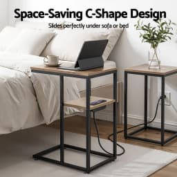 C Shaped 2 Tier End Table with Charging Station Side Coffee Table Bedside Wooden Storage Table