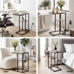 C Shaped 2 Tier End Table with Charging Station Side Coffee Table Bedside Wooden Storage Table