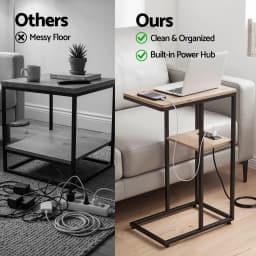 C Shaped 2 Tier End Table with Charging Station Side Coffee Table Bedside Wooden Storage Table