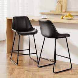 Set of 2 Black Leather Counter Height Bar Stools Metal Frame Kitchen Chairs