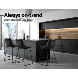 Set of 2 Black Leather Counter Height Bar Stools Metal Frame Kitchen Chairs