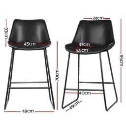 Set of 2 Black Leather Counter Height Bar Stools Metal Frame Kitchen Chairs