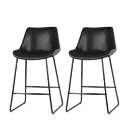 Set of 2 Black Leather Counter Height Bar Stools Metal Frame Kitchen Chairs