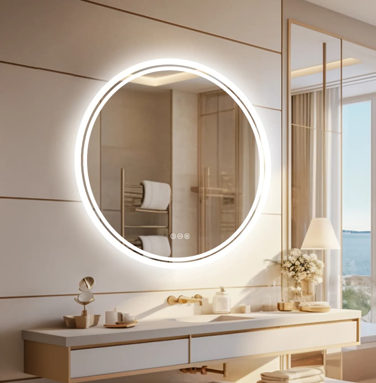 60/80cm Round LED Bathroom Mirror Wall Mounted Lighted Vanity Mirror 3 Colors Brightness Touch Anti-Fog Shatter-Proof