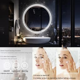 60/80cm Round LED Bathroom Mirror Wall Mounted Lighted Vanity Mirror 3 Colors Brightness Touch Anti-Fog Shatter-Proof