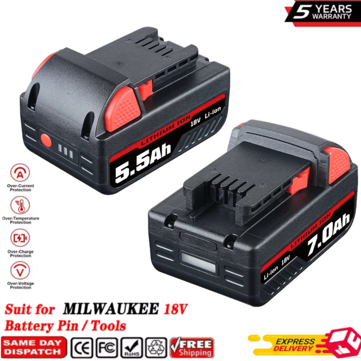 VANON 5.5/7.0Ah M18-D 18V Lithium Battery Replace for Milwaukee Rechargeable tools 48-11-1815 2604-20 48-11-1850 Battery pin