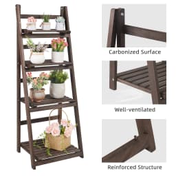 4 Tier Foldable Plant Stand Ladder Shelf Carbonized Paulownia Wood Flower Display Rack, No Assembly Vintage Corner Bookshelf Storage Organizer for Living Room Garden Balcony Patio (41x32.5x110cm)