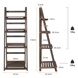 4 Tier Foldable Plant Stand Ladder Shelf Carbonized Paulownia Wood Flower Display Rack, No Assembly Vintage Corner Bookshelf Storage Organizer for Living Room Garden Balcony Patio (41x32.5x110cm)