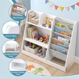 Kids Wooden Bookshelf Toddler Toy Storage Rack Display Organizer Shelf Large Capacity Bookcase for Bedroom Playroom Nursery