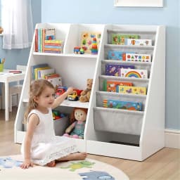Kids Wooden Bookshelf Toddler Toy Storage Rack Display Organizer Shelf Large Capacity Bookcase for Bedroom Playroom Nursery