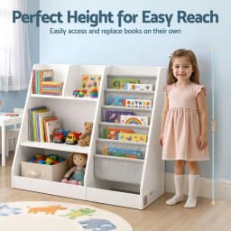 Kids Wooden Bookshelf Toddler Toy Storage Rack Display Organizer Shelf Large Capacity Bookcase for Bedroom Playroom Nursery