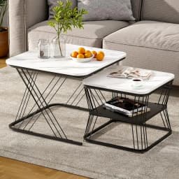 Marble Effect Nesting Coffee Table Set of 2 Modern Round Side Tables for Living Room End Table Storage Accent Furniture