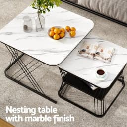 Marble Effect Nesting Coffee Table Set of 2 Modern Round Side Tables for Living Room End Table Storage Accent Furniture
