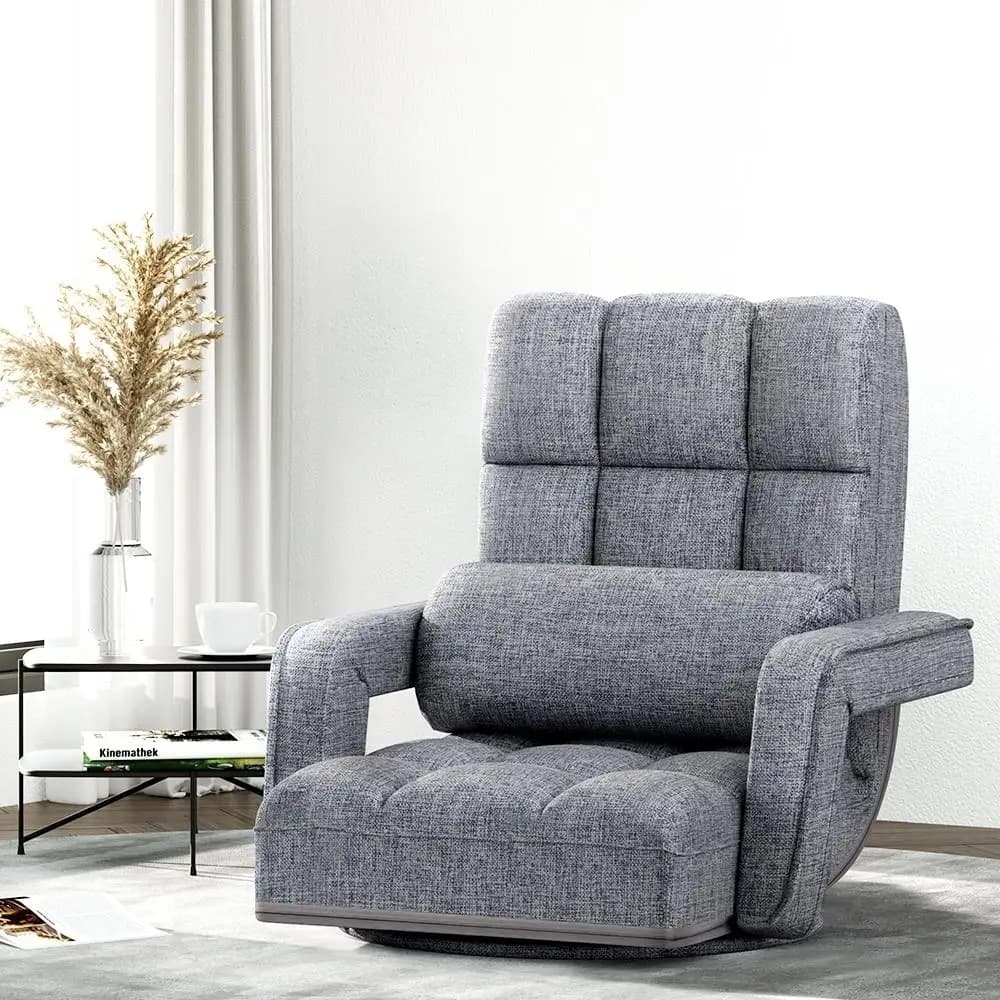 Grey Floor Chair Lounge Swivel Sofa Adjustable Low Seating Cushion Chair for Living Room Bedroom Reading Relaxing Upholstered Floor Seat
