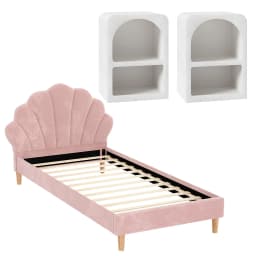 King Single Bed Frame Set with 2 Bedside Tables Scallop Headboard Pink Velvet Fabric Upholstered Bed Base Bedroom Furniture Set
