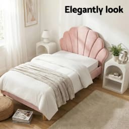 King Single Bed Frame Set with 2 Bedside Tables Scallop Headboard Pink Velvet Fabric Upholstered Bed Base Bedroom Furniture Set