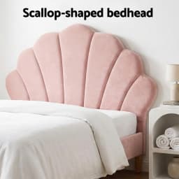King Single Bed Frame Set with 2 Bedside Tables Scallop Headboard Pink Velvet Fabric Upholstered Bed Base Bedroom Furniture Set