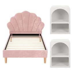 King Single Bed Frame Set with 2 Bedside Tables Scallop Headboard Pink Velvet Fabric Upholstered Bed Base Bedroom Furniture Set