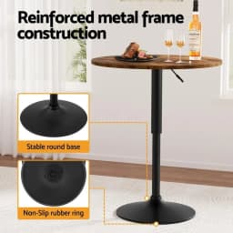 Height Adjustable 360 Swivel Round Bar Table Gas Lift 60cm Rustic Brown Black Pub Bistro Counter Table