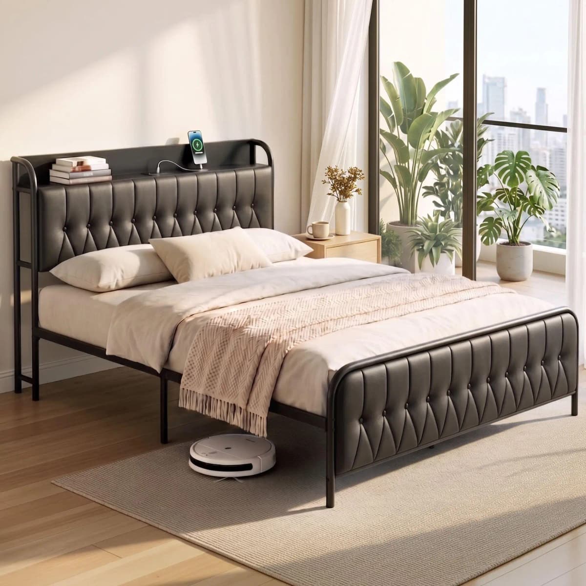 Queen Bed Frame with Storage Headboard SAA Certified Charging Station Upholstered Platform Bed with Drawers and USB Power Outlets for Bedroom Storage and Supportive Heavy Duty Base