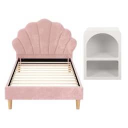 King Single Bed Frame with Bedside Table Set Scallop Headboard Pink Velvet Fabric Bed Base