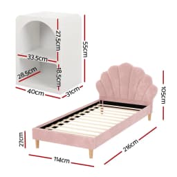 King Single Bed Frame with Bedside Table Set Scallop Headboard Pink Velvet Fabric Bed Base