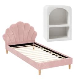 King Single Bed Frame with Bedside Table Set Scallop Headboard Pink Velvet Fabric Bed Base