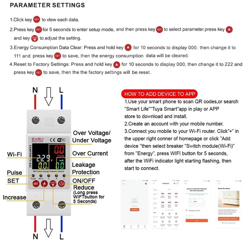 2P 63A TUYA APP Wifi Smart Circuit Earth Leakage Over Under Voltage Protector Relay Device Switch Breaker Durable Easy Install