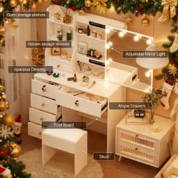 10 LED Lighted Vanity Set, 3 Color Modes, Mirror & Stool Design, 7 Drawers Storage, Easy Installation