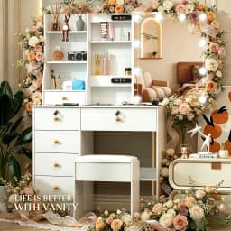 10 LED Lighted Vanity Set, 3 Color Modes, Mirror & Stool Design, 7 Drawers Storage, Easy Installation