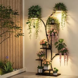 Tall Corner Plant Stand with Grow Lights Industrial Multiple Shelves Display Organizer Flowers Rack