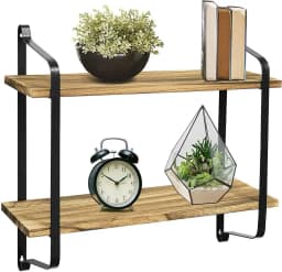 2 Tiers Rustic Wooden Floating Shelves Wall Mounted Display Rack Organizer for Living Room Bedroom Kitchen