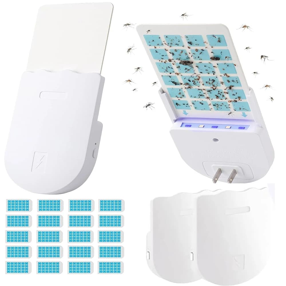 Flying Insect Trap, 2 in 1 Indoor Plug-in Fruit Fly Trap, 2 Trap White and 20 Glue Cards, Fruit Fly Traps for Gnat, Moth, Mosqui