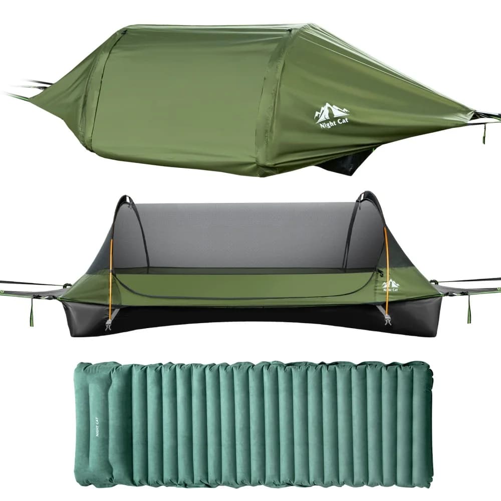 Night Cat Flat Lay Hammock Tent with Sleeping Air Pad Mosquito Net and Waterproof Rainfly for 1 Person Backpacking Hiking Camping Lightweight 330LBS 87x28x19in