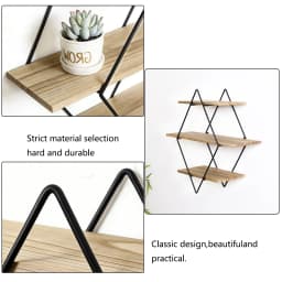 3 Tier Rustic Wood Wall Mounted Floating Shelves Geometric Decorative Storage Display Rack