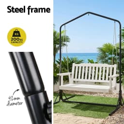 Wooden 2 Seater Outdoor Swing Chair with Black Stand White Hanging Seat Garden Patio Hanging Bench