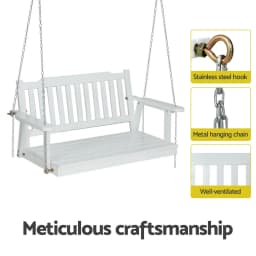 Wooden 2 Seater Outdoor Swing Chair with Black Stand White Hanging Seat Garden Patio Hanging Bench