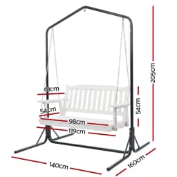 Wooden 2 Seater Outdoor Swing Chair with Black Stand White Hanging Seat Garden Patio Hanging Bench