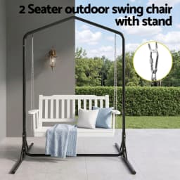 Wooden 2 Seater Outdoor Swing Chair with Black Stand White Hanging Seat Garden Patio Hanging Bench