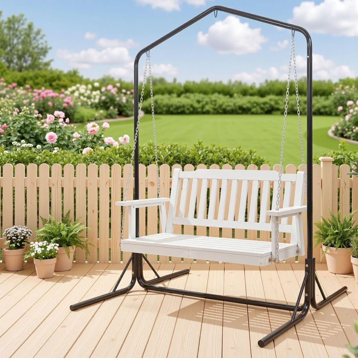 Wooden 2 Seater Outdoor Swing Chair with Black Stand White Hanging Seat Garden Patio Hanging Bench