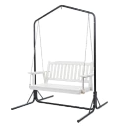 Wooden 2 Seater Outdoor Swing Chair with Black Stand White Hanging Seat Garden Patio Hanging Bench