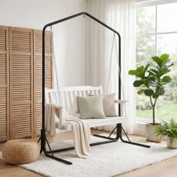 Wooden 2 Seater Outdoor Swing Chair with Black Stand White Hanging Seat Garden Patio Hanging Bench