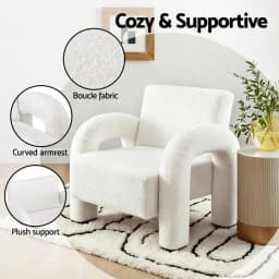 Modern Boucle Accent Armchair Curved Lounge Sofa White Plush Single Seat Living Room Chair